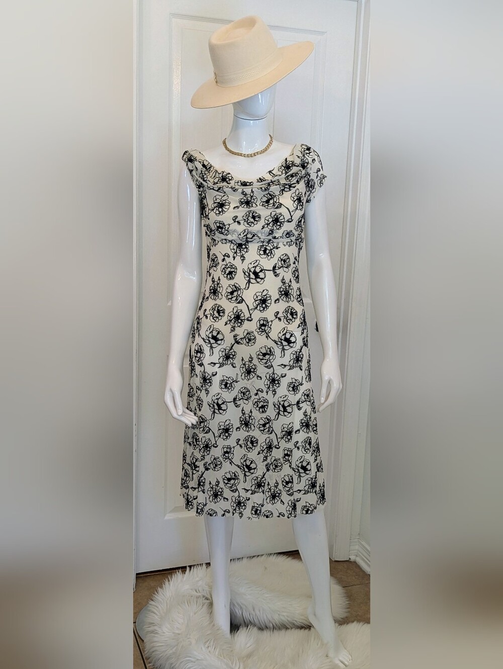 Weissman Floral Flock Off-Shoulder White & Black Sheer Dancing Dress MA